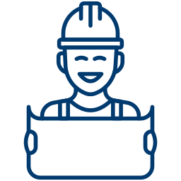 Strichzeichnung einer lächelnden Person mit Bauhelm und geöffnetem Bauplan, Experte für Arbeitsplatten aus Naturstein in Berlin.