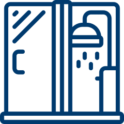 Blaues Icon einer modernen Duschkabine mit Glas, Dusche und Wasser, ideal für Bäder mit Arbeitsplatten aus Naturstein.