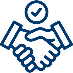 Blaues Icon: Zwei Hände schütteln sich, Checkmark über ihnen - Symbol für Partnerschaft bei Arbeitsplatten aus Naturstein Berlin.