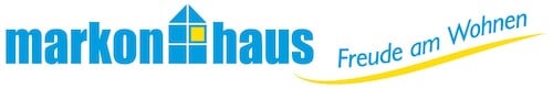 Markon-Logo-Freude-am-Wohnen_blau_gelb_-immoscout (1) Logo von markon haus in Blau mit Haus-Icon und gelbem Fenster, Slogan Freude am Wohnen, Fokus auf Arbeitsplatten aus Naturstein.